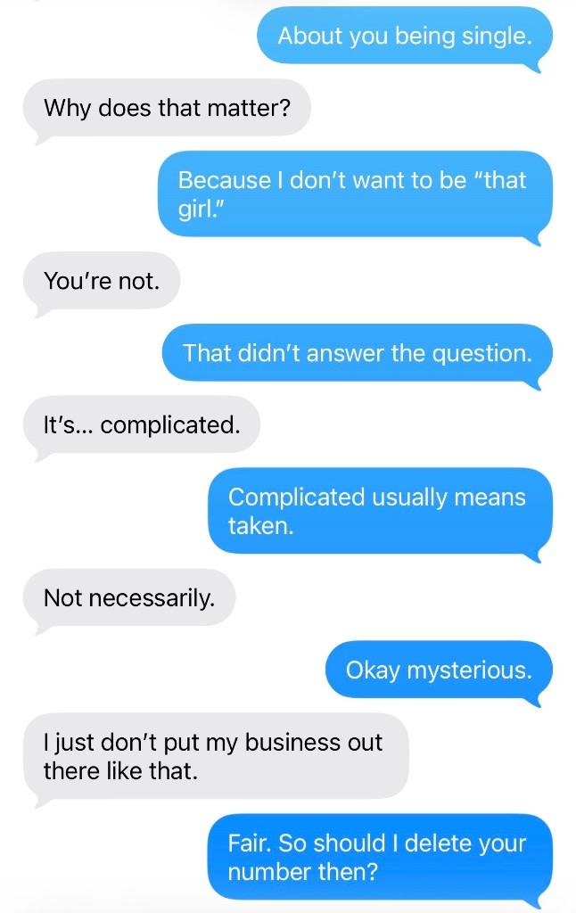 Screenshot of text messages discussing whether someone is single and saying it is complicated